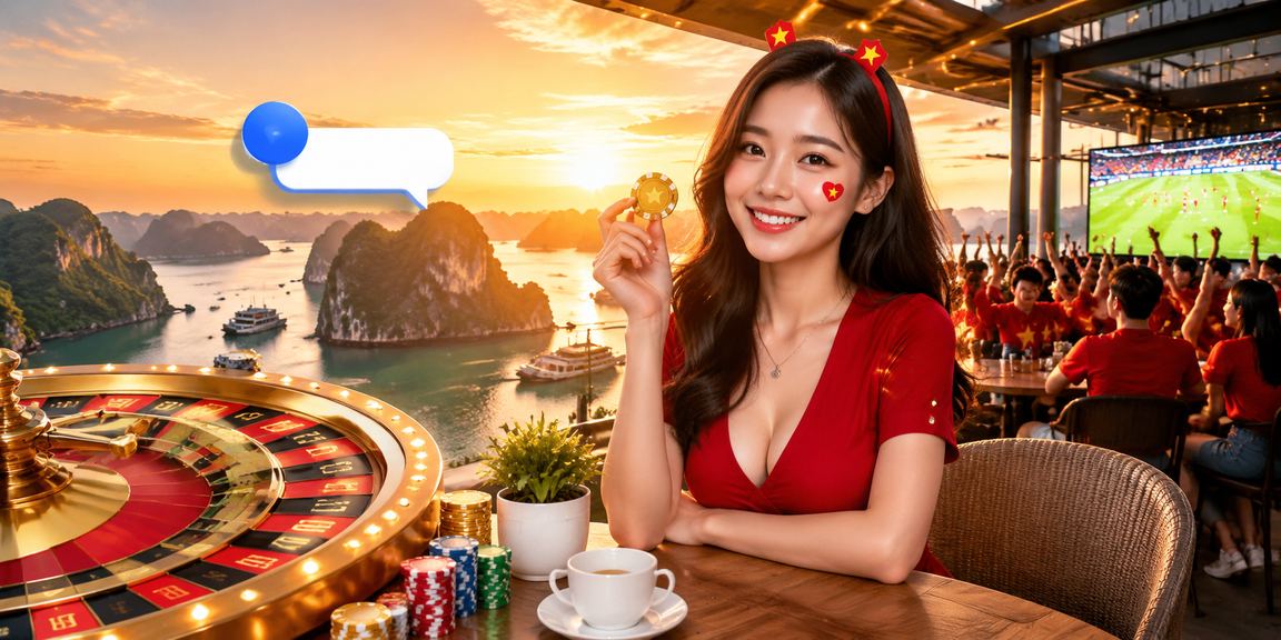 Người dùng xem roulette và thông tin cá cược khi uống cà phê nhìn ra Vịnh Hạ Long