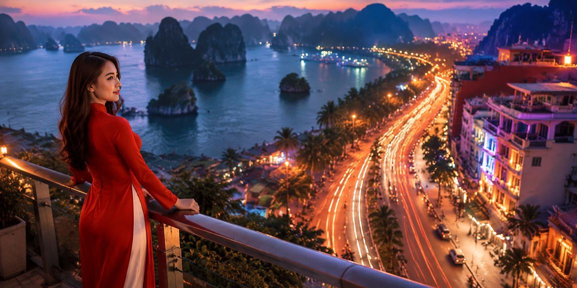 Người phụ nữ áo dài chơi slot game với khung cảnh Vịnh Hạ Long hùng vĩ phía sau