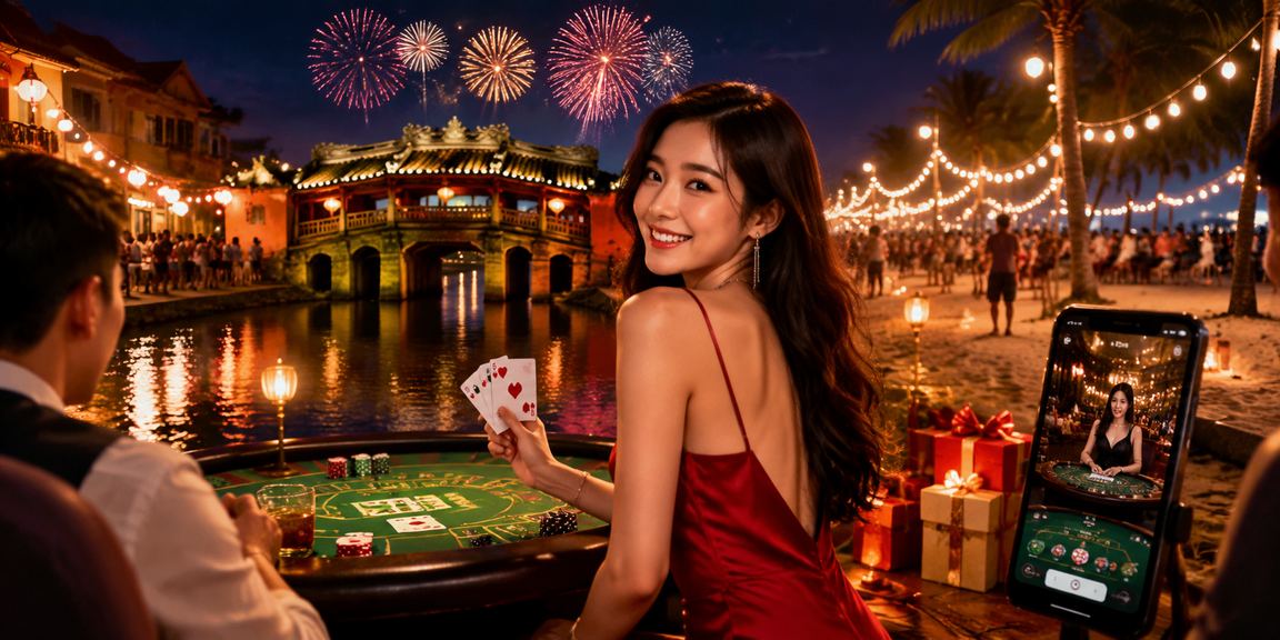 Người chơi thưởng thức baccarat tại không gian chợ đêm Hội An đặc trưng