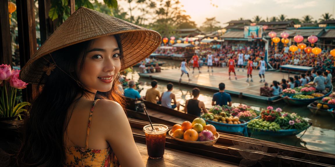 Người dùng miền Tây sông Mekong xem cá cược bóng rổ với nón lá trong khung cảnh đặc trưng